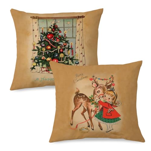 Retro Christmas Deer Couch Pillow Covers Set of 2 - 18x18 Holiday Decor