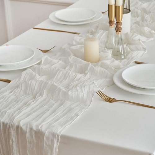 KingCheer 2Pcs Cheesecloth Table Runner 10FT Boho Rustic Gauze White