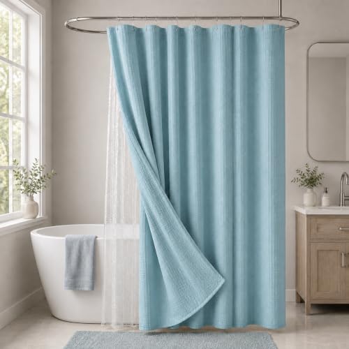 LaCyan 3-in-1 Waterproof Waffle Weave Shower Curtain Set with Clear Liner, 72x84 inches, Teal, Pack of 3