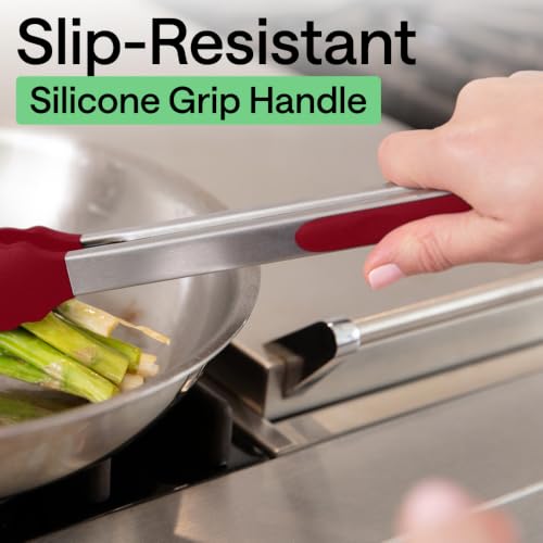 Gorilla Grip Stainless Steel Kitchen Tongs 2-Pack with Red Silicone Tips, 9” & 12”