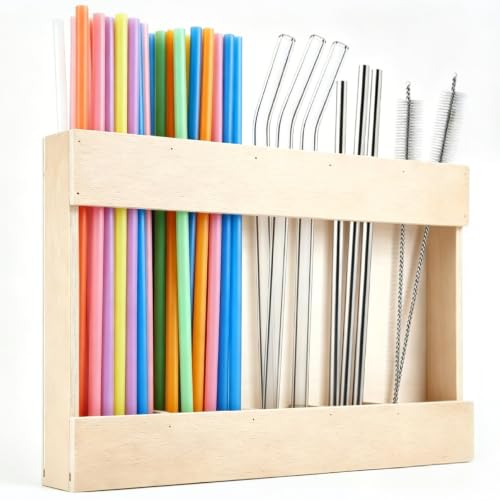 Wooden Straw Dispenser Organizer - Space-Saving Kitchen Holder with Adhesive Mount