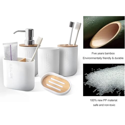 Rejomiik White Toothbrush Holder, Bamboo & Plastic Bathroom Organizer