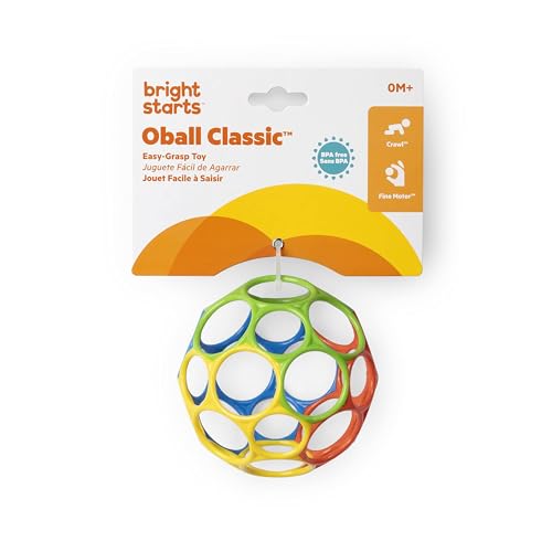 Bright Starts Oball Easy Grasp Classic Infant Toy - Yellow/Red/Blue, 4 Inch BPA-Free Baby Ball for Newborns & Toddlers
