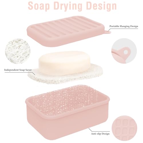 Pink Silicone Travel Soap Case with Lid & Drain Tray - Leakproof