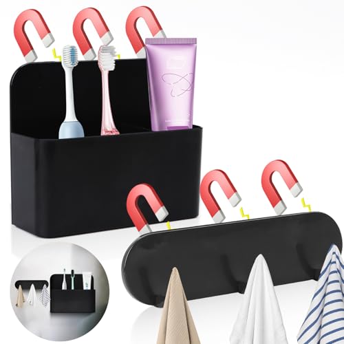 Magnetic Toothbrush Holder with Hooks - Black, No Drilling for Cruises