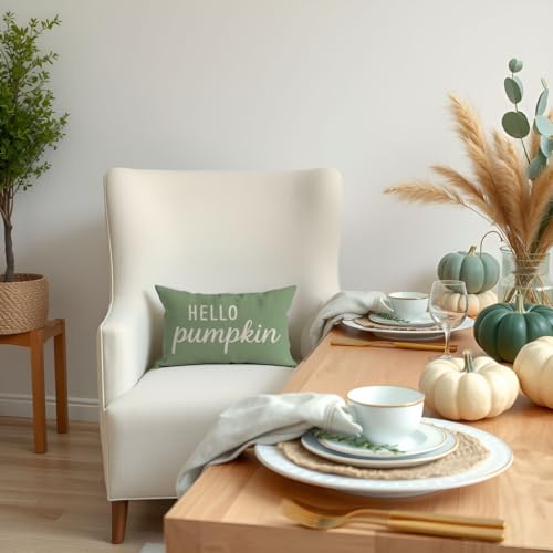 Sage Green Fall Throw Pillow Cover 12x20 | Hello Pumpkin Design