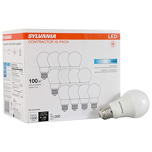 Sylvania LED A19 Light Bulb, 100W Equivalent, 5000K Daylight, 12 Pack