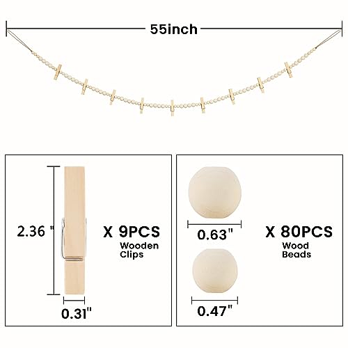Hanging Photo Display Boho Wood Bead Garland Wall Decor - Nature / 1
