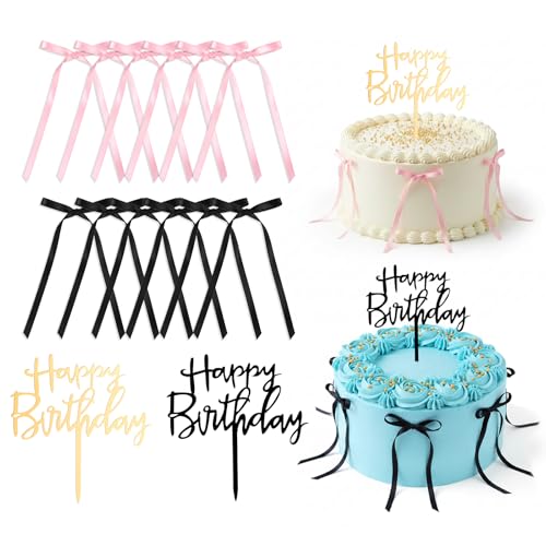 14-Piece Black and Pink Ribbon Bow Cake Toppers with Happy Birthday Sign