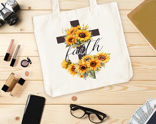 Faith Canvas Tote Bag for Women - Sunflower Design, 16.5"