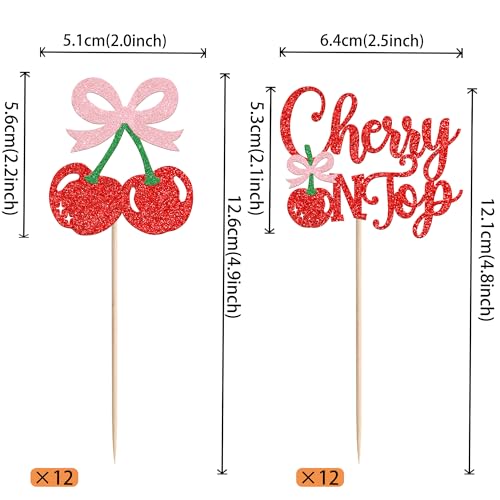 24 PCS Cherry On Top Cupcake Toppers - Glitter Cherry Picks, Design 1