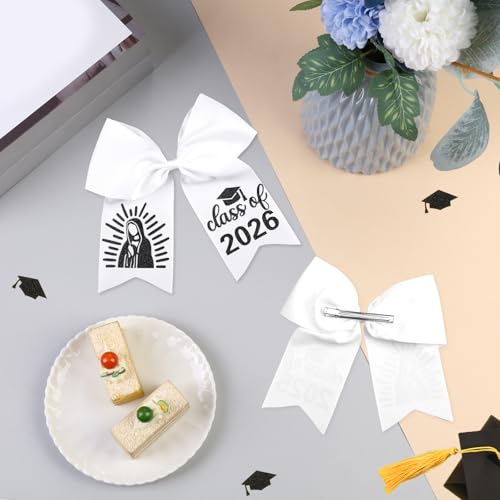 Class of 2026 Graduation Cap Bow with Clip - White Satin Hair Accessory