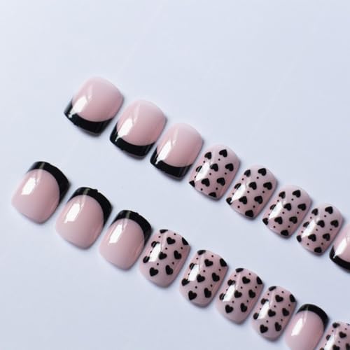Black Heart Press on Nails Short Square French Tip Fake Acrylic Nails