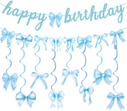 Blue Bow Birthday Party Decoration Set with Banner and Hanging Swirls