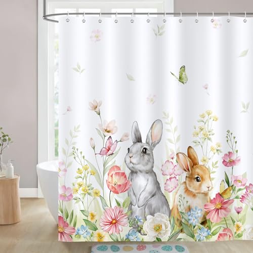 Bonhause Easter Bunny Shower Curtain, Floral Spring Bathroom Decor, 72x72 In