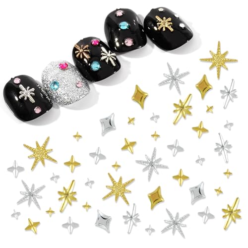 ABEJFIC 400Pcs 3D Gold and Silver Star Nail Charms Metallic Studs