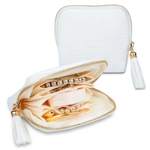 Compact Velvet Travel Jewelry Case with Tassel Zipper - White