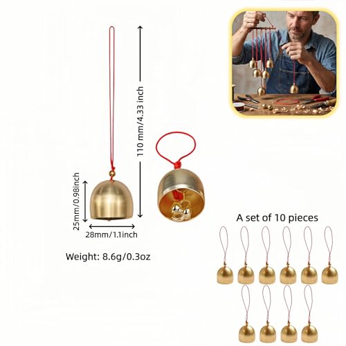 Brass Hanging Bells Set of 10 - 1.1 Inch Gold Bells for Crafts