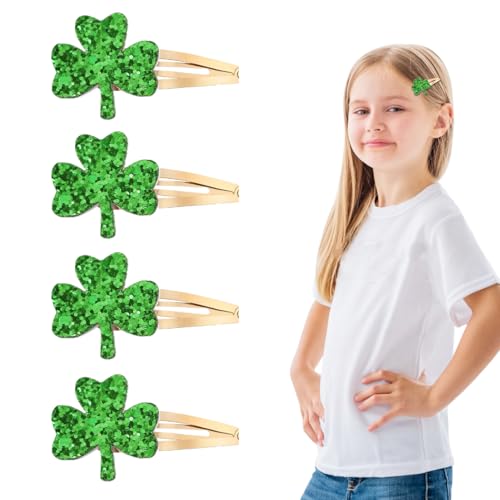 St Patricks Day Green Clover Hair Clips 4Pcs Glitter Shamrock Barrettes
