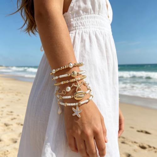 Starfish Bracelet Set - 6pcs Stackable Boho Seashell Beaded Surfer Jewelry