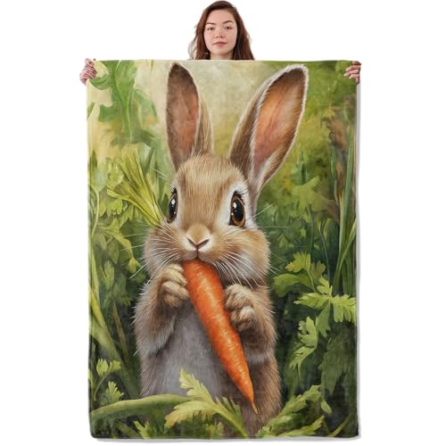 80x60 Inch Bunny Blanket - Soft Cozy Flannel Throw for Adults Kids Women - Light Weight Cute Rabbit & Carrot Design