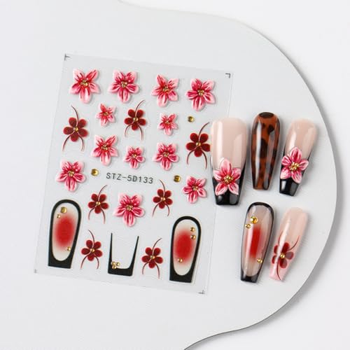 5D Embossed Flower Nail Stickers - 2 Sheets Blush French Nail Art Decals