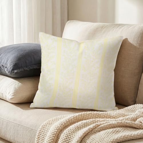 Vintage Floral Throw Pillow Covers - Yellow Striped Linen, 18x18 Inch, Set of 2