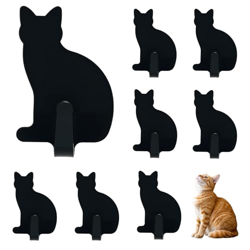 DueHoppee 8-Pack Adhesive Cat Wall Hooks, Black Stainless Steel Decor