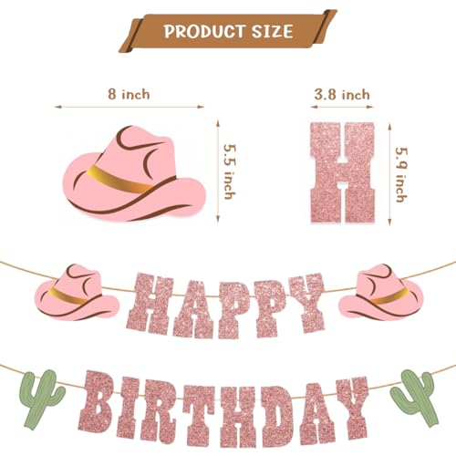 Western Cowboy Birthday Banner with Pink Glitter & Cactus