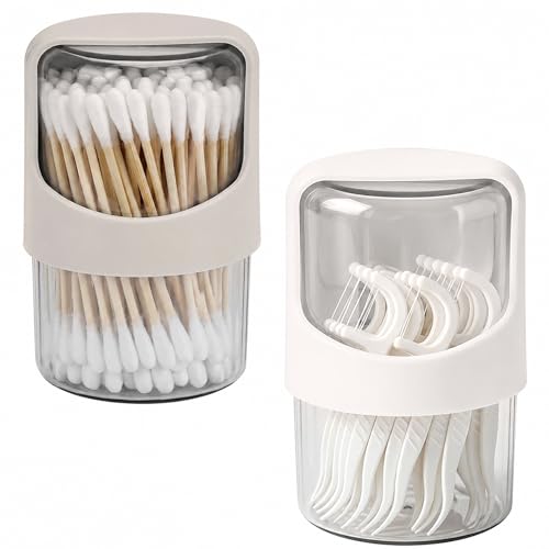 ReignSword 2-Pack Off-White & Light Gray Qtip Dispensers with Rotating Lid, Clear Bathroom Cotton Swab Holders
