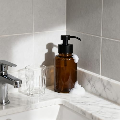 Amber Glass Foam Soap Dispenser with Black Pump - 15 oz