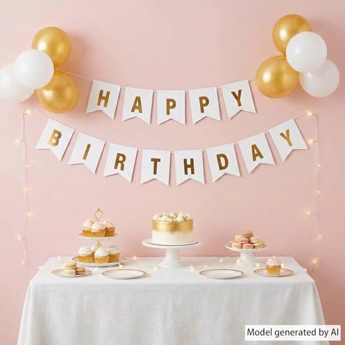 Elegant White Gold Happy Birthday Banner - Reusable Party Decor