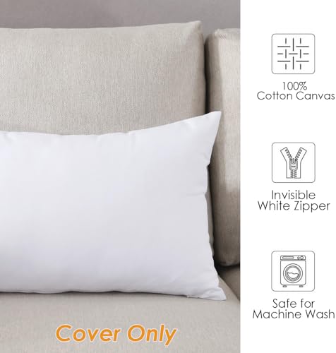 TAOSON 12x20 Inch White Cotton Canvas Pillow Cover - Hidden Zipper, Pack of 1