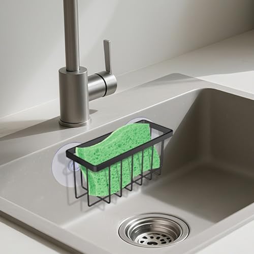 Kitchen Sponge Holder with Quick Drainage - Space-Saving Sink Caddy (Black)