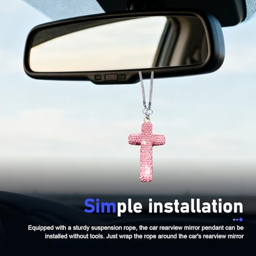 Bling Cross Car Hanging Ornament - Rhinestone Rear View Mirror Pendant