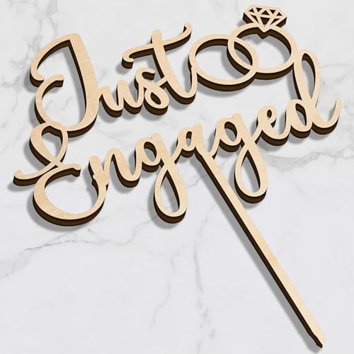 Wooden Just Engaged Cake Topper with Diamond Ring Design, 7.7 x 6 Inches