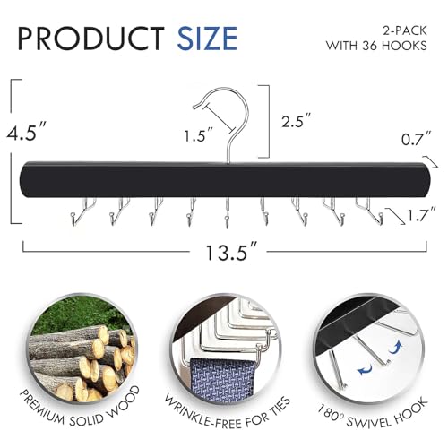 2-Pack Wooden Tie Rack Hanger - 36-Hook Closet Organizer for Ties & Belts