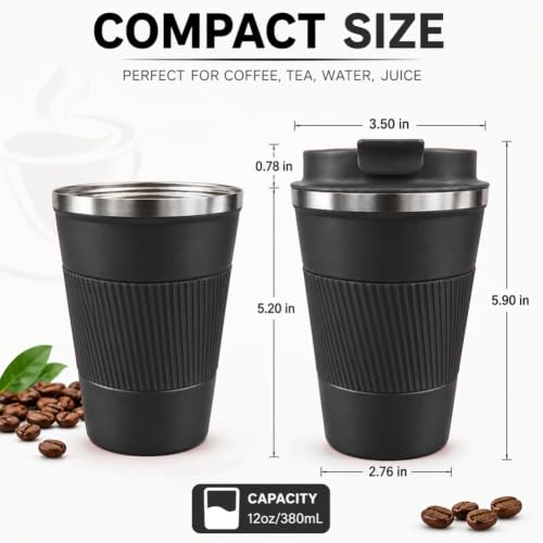 12oz Stainless Steel Travel Mug with Leak Proof Lid - Insulated Coffee Cup for Car & Office