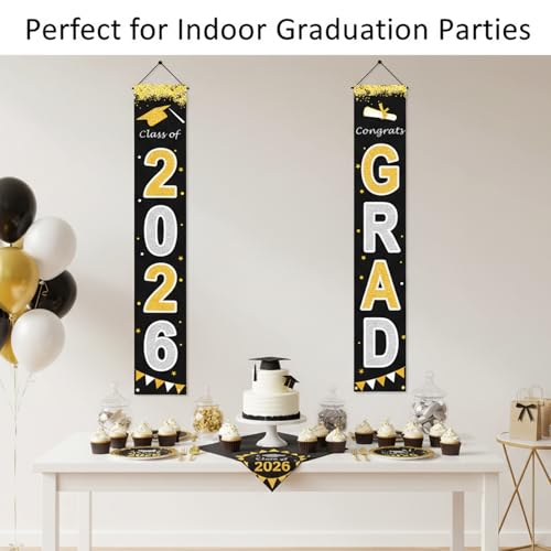 Class of 2026 Graduation Banner - Black & Gold Porch Decor 70" x 11"