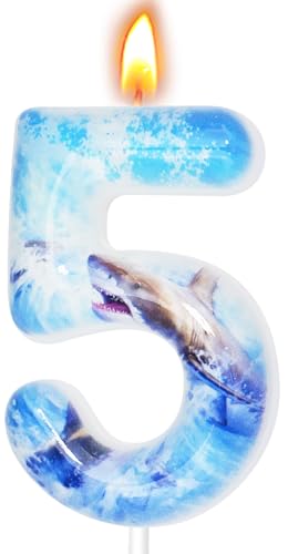 Candoll Shark Number 5 Birthday Candle - Blue Cake Topper Decoration