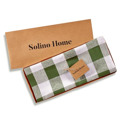 Solino Home Linen Buffalo Check Table Runner 14x108 Inches - Olive Green & White