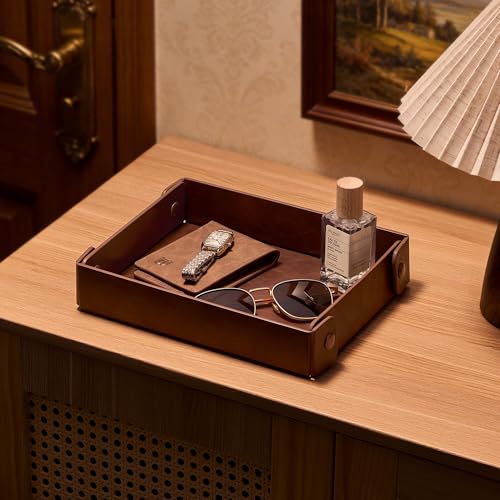 Josmimic Valet Tray Organizer, Collapsible Faux Leather Catch All - Brown