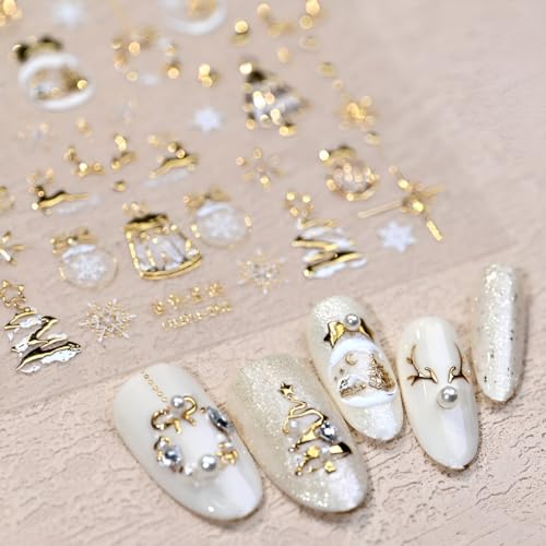 Namrec 5D Embossed Gold Christmas Nail Stickers Xmas Tree Snowflake Decals