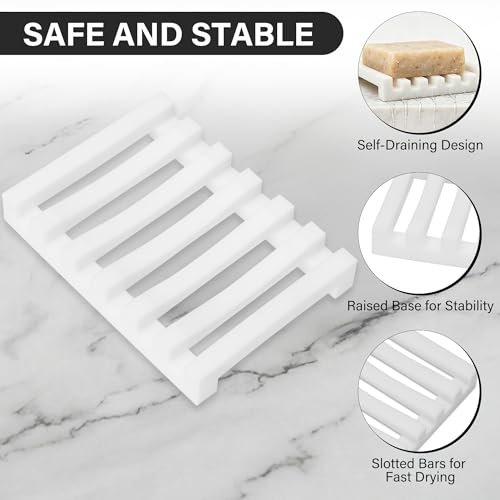 White Slotted Silicone Soap Dish - Self Draining Bathroom & Kitchen Soap Holder, Non Slip, Quick Dry