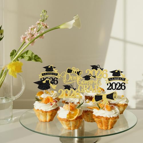 24 Pack Graduation Cupcake Toppers - Gold Glitter Class of 2026