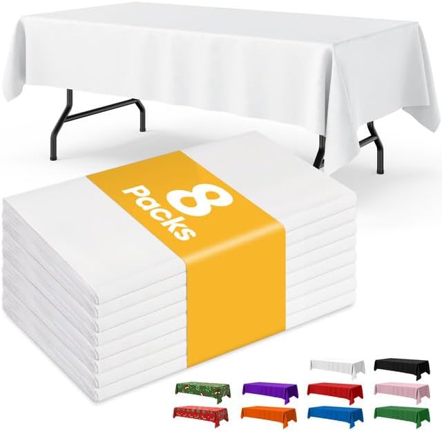 Niuara White Plastic Tablecloth - 8 Pack 54" x 108" Disposable Covers for Parties & Gatherings
