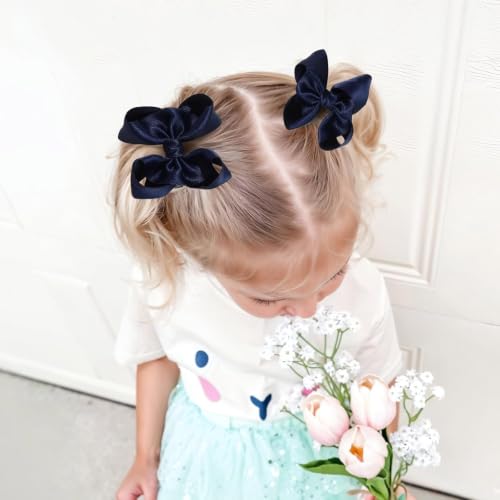 OAOLEER 3.5 Inch Navy Satin Ribbon Hair Bows with Alligator Clips 2PCS