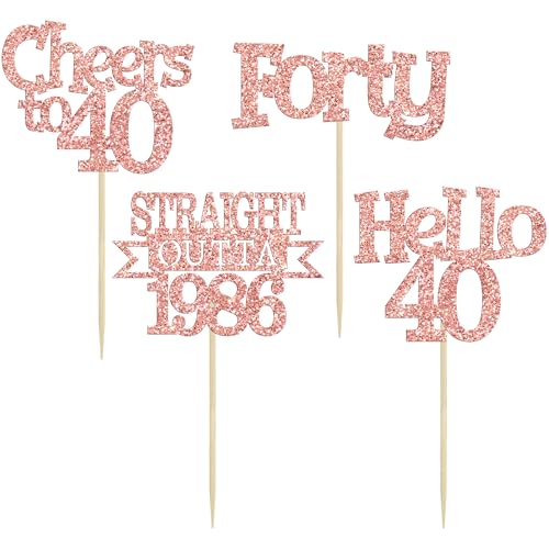 Ephlyn 24Pcs Rose Gold 40th Birthday Cupcake Toppers Glitter Picks