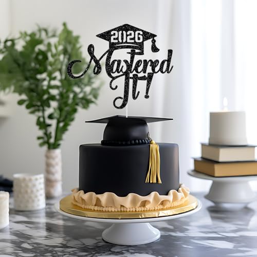 2026 Graduation Cake Topper - Happy Masters Degree in Black Glitter