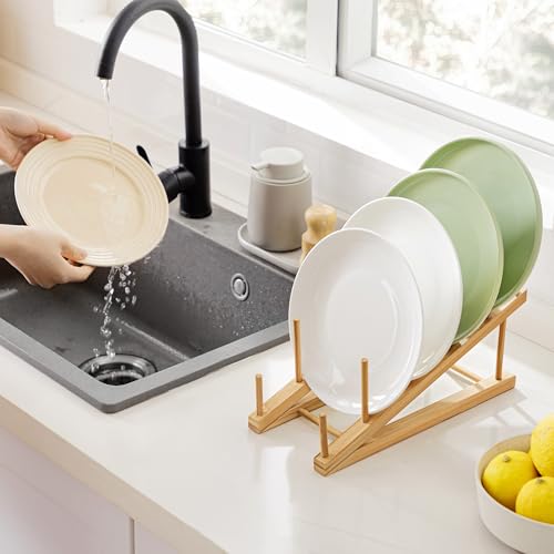 HBlife Bamboo Dish Drying Rack - 5 Slot Stepped Plate & Cup Organizer